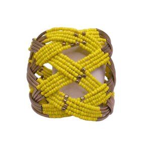 Vintage Wide Yellow Glass Beaded Criss Cross Weave Cuff Bracelet